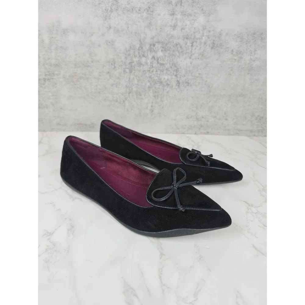 Aerosoles Doran Pointed Toe Bow Ballet Flats Shoes Pomegranate Black Suede 8M